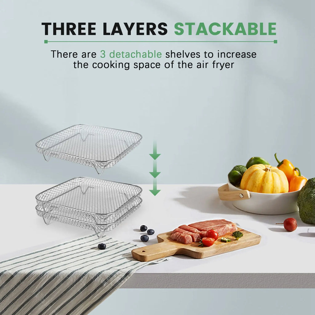 -A89Z 8 Inch Air Fryer Rack For Instant Vortex Air Fryer,For ,For COSORI Air Fryer,Square Three Stackable Dehydrator Rack