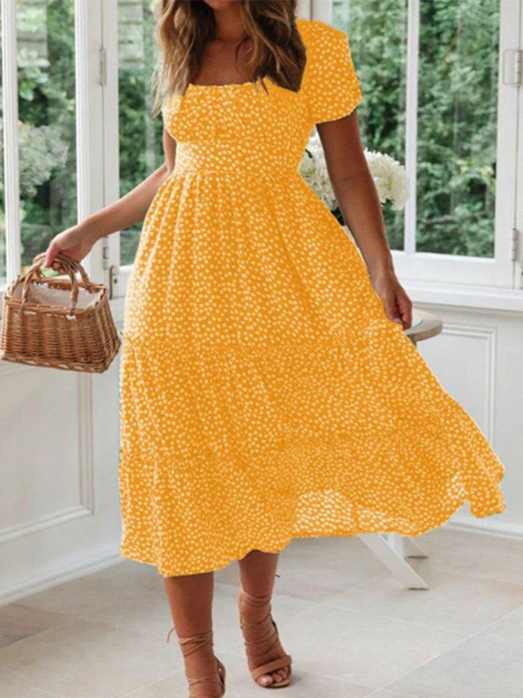 Summer Women's Beach Sweet Dresses Vestidos Vintage Print Puff Sleeve Casual Square Collar Floral Female Maxi Long Dress