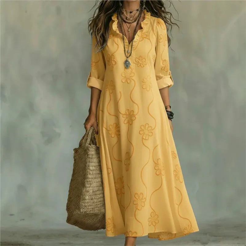 Fashion Printed Versatile Dress Lace Ruffled V-neck Long-sleeved Women's Summer Resort Style Commuter Long Dresses Vestidos 2026
