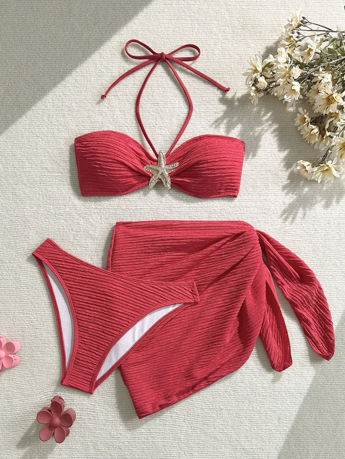 2025 New Bandeau Bikini Set Female Ribbed Swimsuit Women Swimwear 3 pieces Bikinis Bather Bathing Suit Biquini