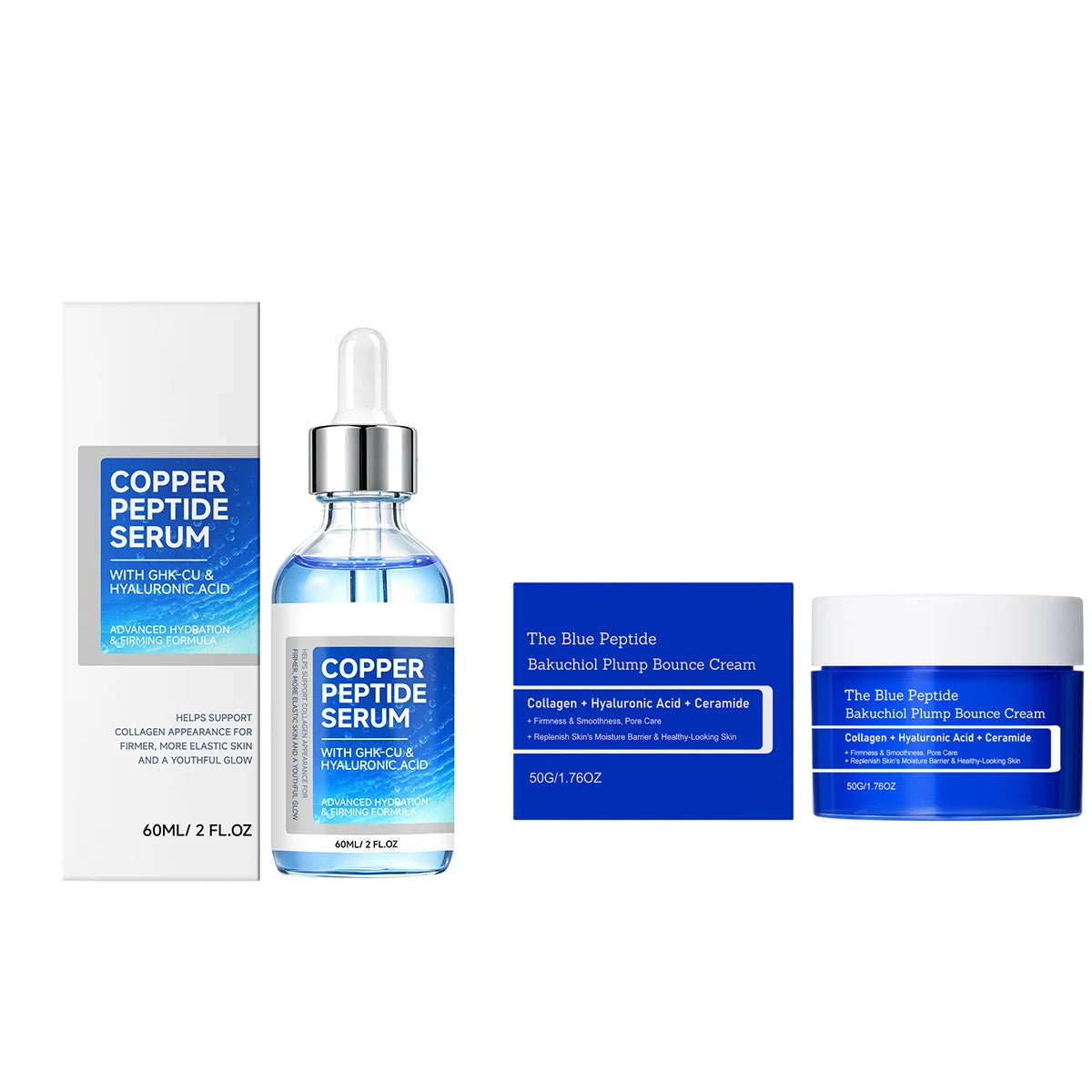 Korean Copper Peptide Skincare Set – GHK-Cu Firming Serum 60ml + Bakuchiol Multi-Peptide Cream Hydrating & Plumping Face Care