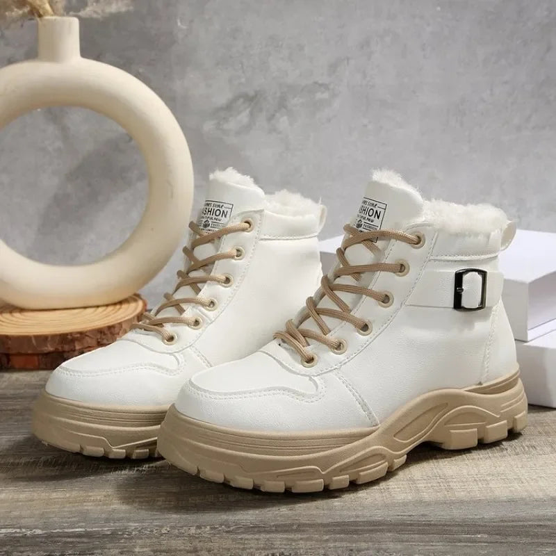 Womens Fashion Winter Snow Boots Warm Fleece Lined Lace Up Chunky Platform Ankle Booties Side Buckle Comfort Daily Walking Shoes