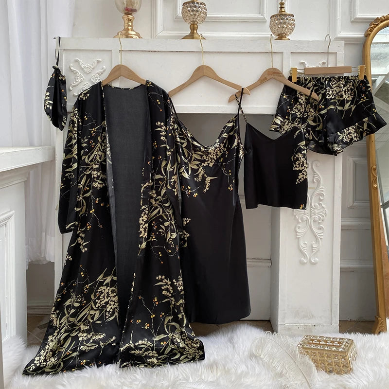 4PC Silk Robe Sleep Suit Womens Lace Satin Pajamas Gown Set V-Neck Cami Nighties Wear Pijama Home Nightwear Spring Nightdress
