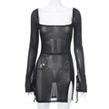 Sexy evening dress hot club set transparent vest for women, long sleeved square collar solid color mini dress for women, Y2k