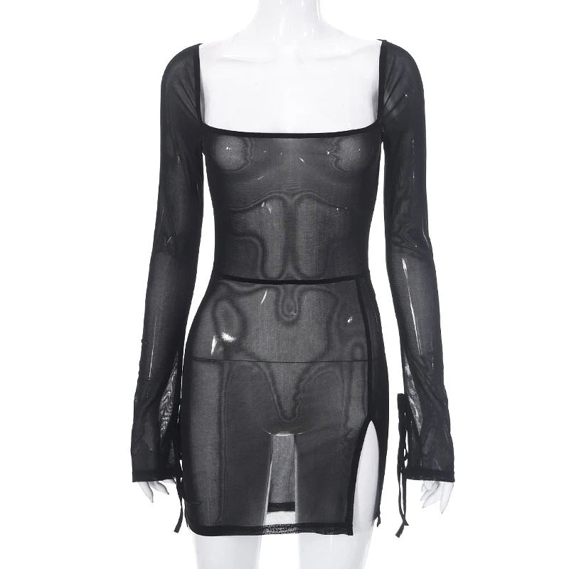 Sexy evening dress hot club set transparent vest for women, long sleeved square collar solid color mini dress for women, Y2k