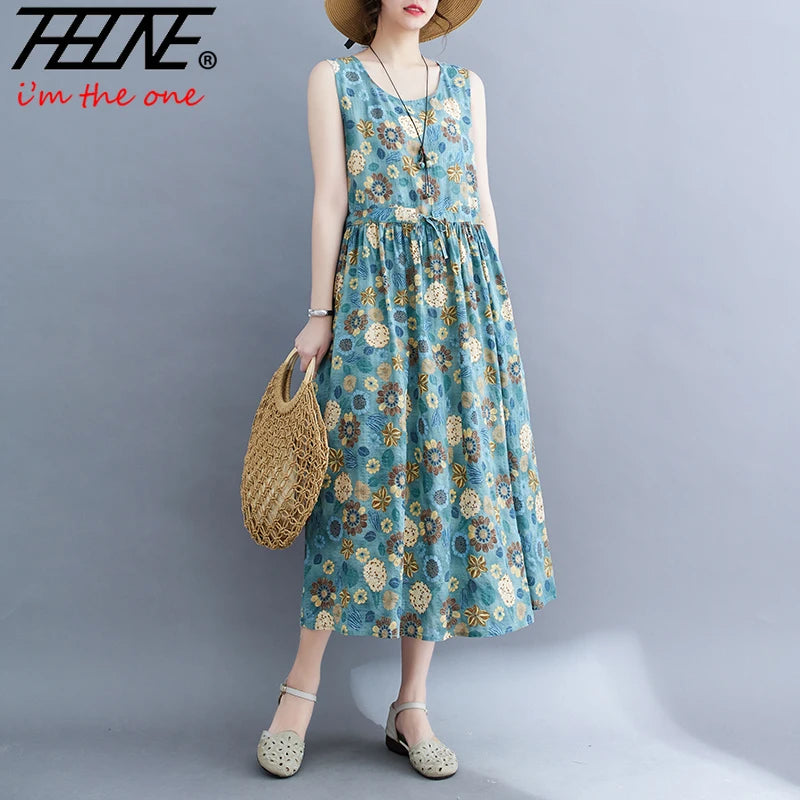 Vestidos De Mujer Summer Dress for Women Floral Print  Cotton Linen Retro New Sleeveless Pullover A-line Loose Long Maxi Dresse