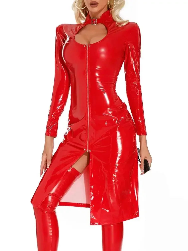 Long Sleeve Wet Look PVC Midi Dressess Hollow Out Bust Sexy Shiny PU Leather Hot Dress High Split Vestido Robe Cosplay Vestidos