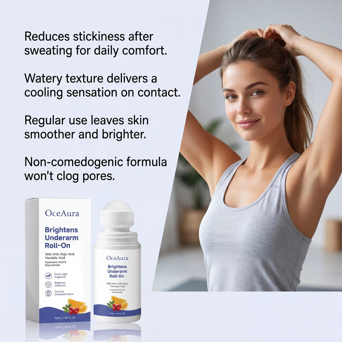 Kojic Acid Underarm Brightening Deodorant Roller Design Dark Armpits AHA Niacinamide Hyaluronic Acid Odor Refresh Underarm Care