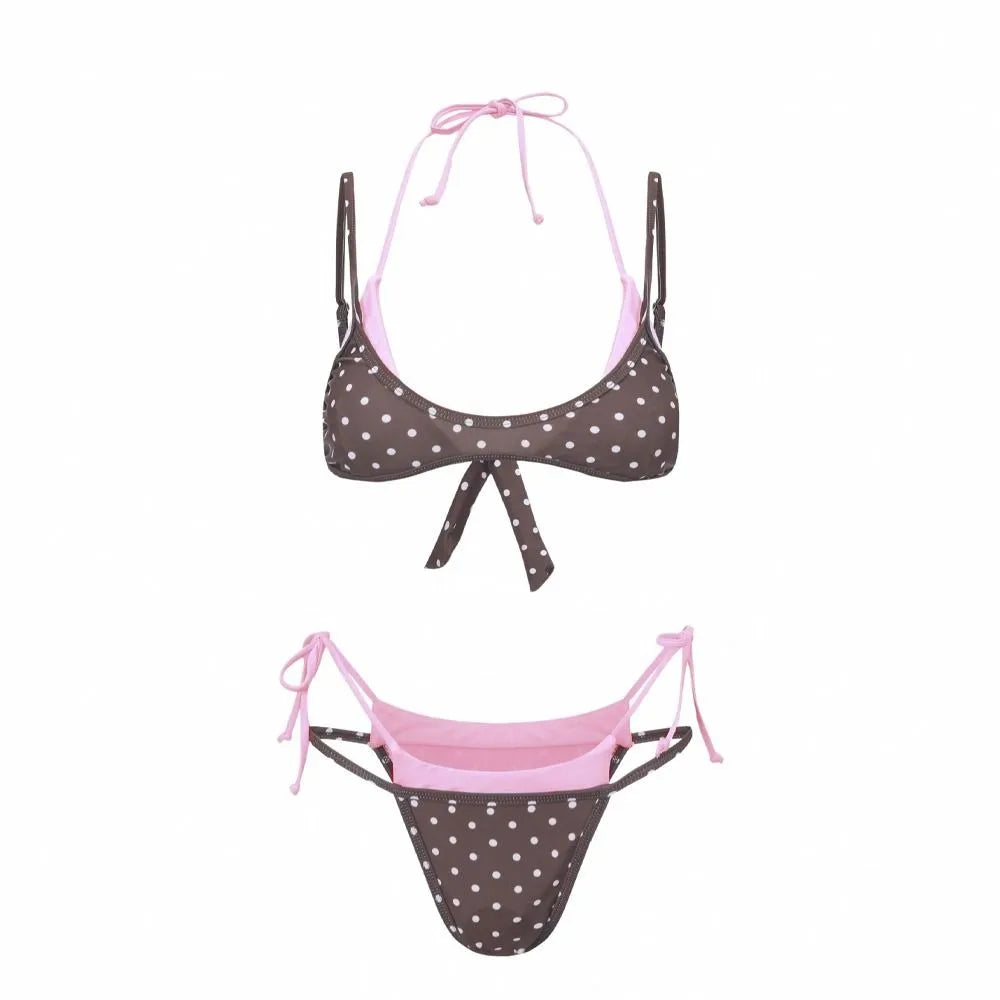 Bathing Suits Polka Dot Halter Bikini Set Low Waist Lace-up Summer Beachwear Deep V Patchwork Women Swimsuits Casual