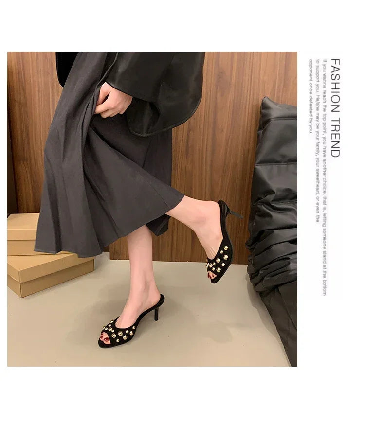 2026 Summer New Women's Shoes Black Velvet Effect Studded Backless One-foot Stiletto Sandals Women's High Heels Zapatos De Mujer