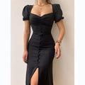 Elegant Dresses Women Summer Sexy Dress 2024 New V-Neck Single Breasted Short Puff Sleeves Solid High Waist Hem Split Midi Dress