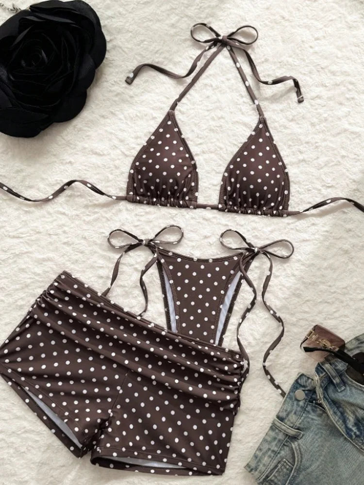 Women's Three‑Piece Bikini Coquette Sweet Beach Vacation Halter Padded Polka‑Dot Side Short Cover‑Up Swimsuit Set