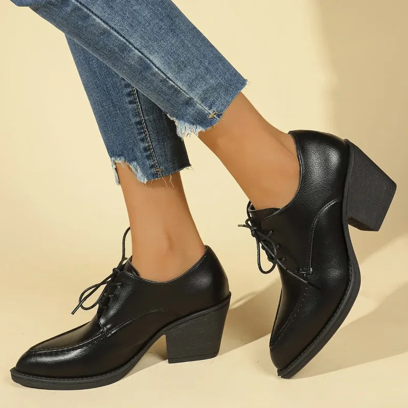 Coarse Heel Shoes Spring New Pointed Head Deep Mouth Front Lacing Set Foot Anti-slip Wear-resistant Heel Shoes