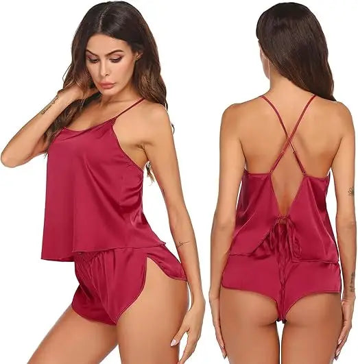 Silk Pajamas Set for Women Satin Backless Lingerie Pjs Cami Top and Shorts Nightwear Sexy Satin Lingerie Pjs Cami Top