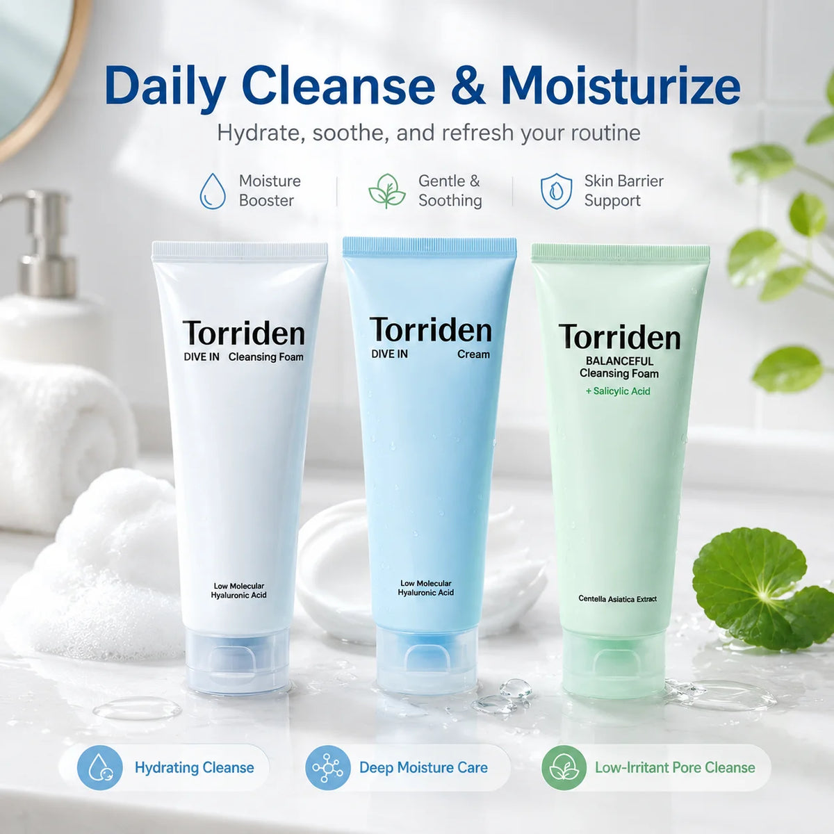 Torriden DIVE IN Balanceful Korean Skincare Set Salicylic Acid Centella Cleansing Foam to Hyaluronic Acid for Moisturizer Cream