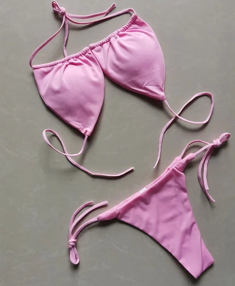 Summer Sexy Bikini set Push-up padded Bra Thong Split Swimwear Female Bandage Bathing Suit Adjustable Lacing Swimsuit Solid