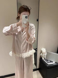 Long Sleeve Pijamas Suit Women Sleepwear Pajamas Set Ruffles Shirt Trouser Silk Satin Home Clothes Lounge Wear