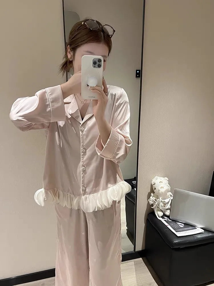 Long Sleeve Pijamas Suit Women Sleepwear Pajamas Set Ruffles Shirt Trouser Silk Satin Home Clothes Lounge Wear
