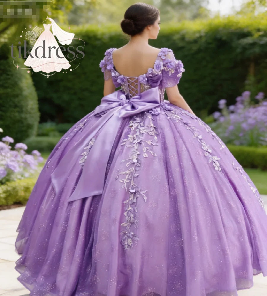 Lavender Vestidos De 15 Quinceañera Off Shoulder 3D Floral Ball Gown 2 In 1 Short  Vestidos De 15 Años Xv Sweet 16 Party Sparkly