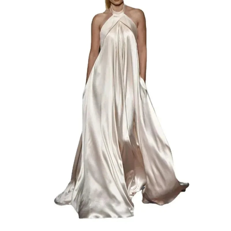 Women's Summer New Fashion Temperament Elegance Solid Color Dress Loose Hang Neck Sleeveless Big Swing Long Dress Vestidos Y2k