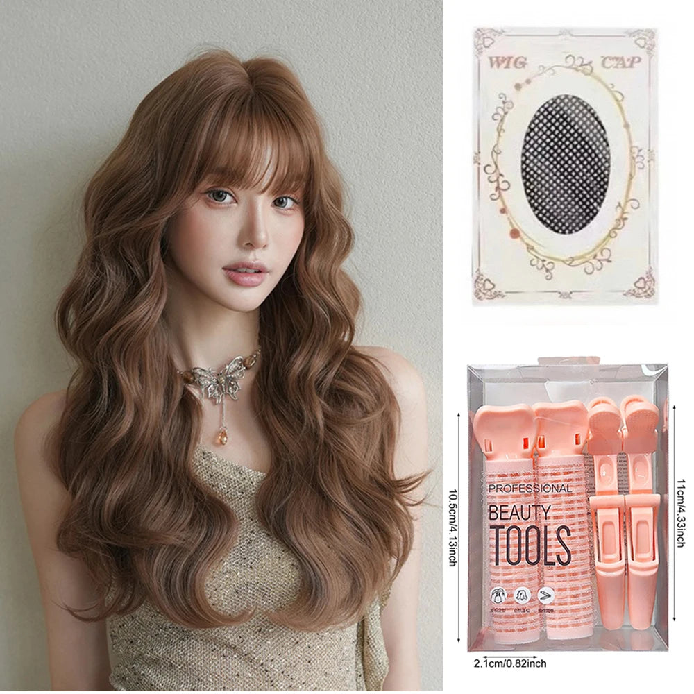 Pink Wavy Synthetic Wig with Bangs Natural Long Curly Hair Cosplay Lolita  Layered Wig for Women Daily Use Wig Heat Resistant