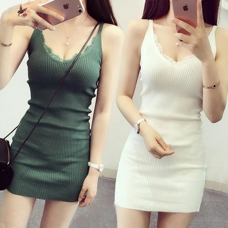 Summer Sexy Mini Dresses Fashion Female Elastic Solid Casual Spaghetti Strap Sleeveless Lace Dress Women Knit Dresses Vestidos