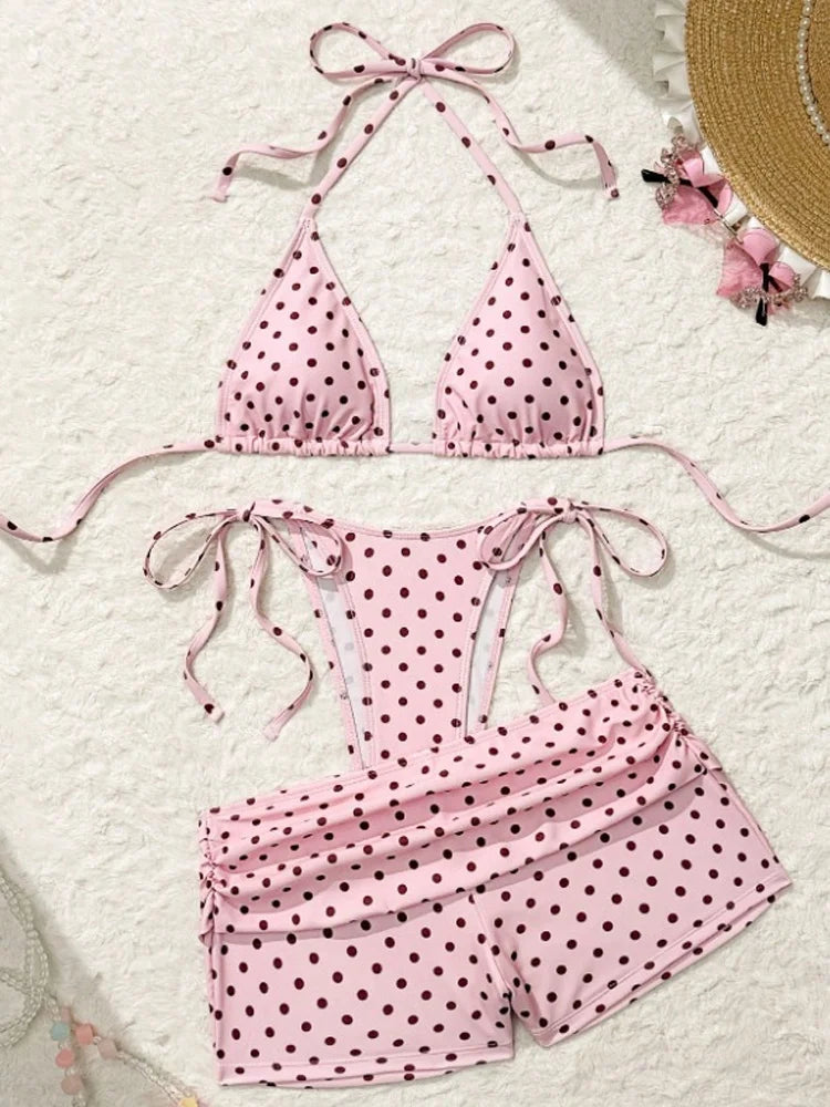Women's Three‑Piece Bikini Coquette Sweet Beach Vacation Halter Padded Polka‑Dot Side Short Cover‑Up Swimsuit Set