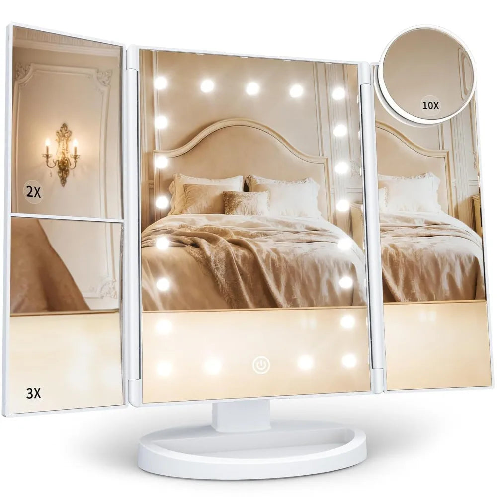 Large Foldable LED Makeup Mirror - 2X/3X/10X Magnification, USB & Battery Powered, Retro Tabletop Design for Home/Travel