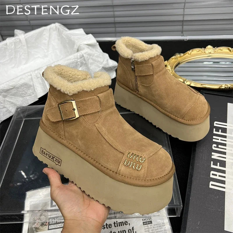 2024 New Fur Platform Women Ankle Boots Flats Suede Warm Shoes Woman Trend Designer Brand Short Plush Cozy Femme Snow Botas