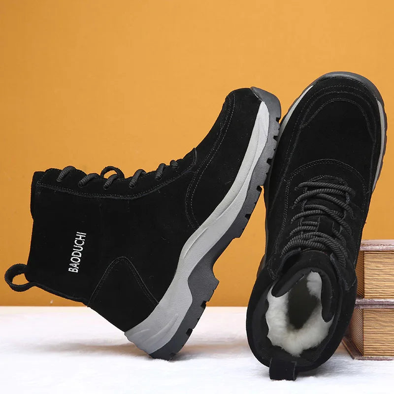 Men's sheepskin and wool integrated snow boots, real leather and fur, winter thick and warm boots slip resistance for Men's ﻿