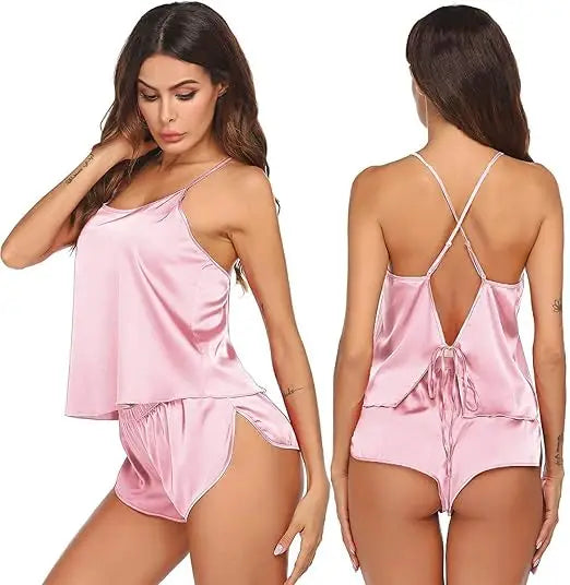Silk Pajamas Set for Women Satin Backless Lingerie Pjs Cami Top and Shorts Nightwear Sexy Satin Lingerie Pjs Cami Top