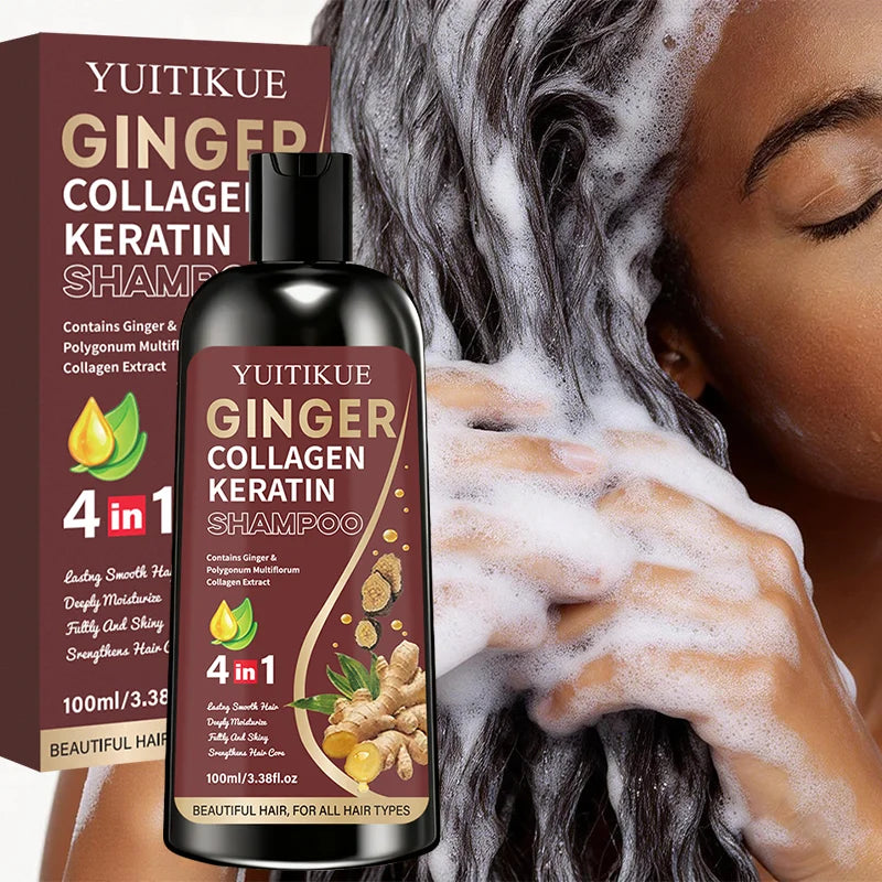 YUITIKUE 4-in-1 Ginger Collagen Keratin Shampoo 100ml with Polygonum Multiflorum for All Hair Types