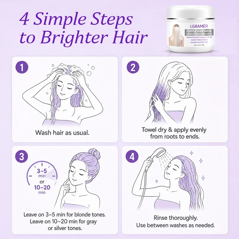 Purple Hair Mask for Blonde Silver Platinum Gray Hair Nourishes,Smooths & Adds Shine Eliminate Brassy Yellow Tones Damaged Hair