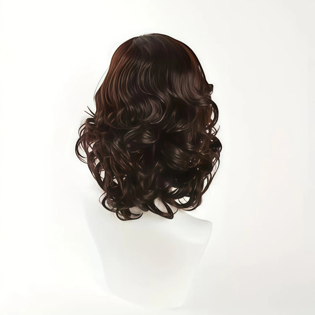 Men's and Women's Medium to Long Wavy Wig with Bangs and Curly Brown Short Curly Synthetic Wig, Natural Wavy Black Brown