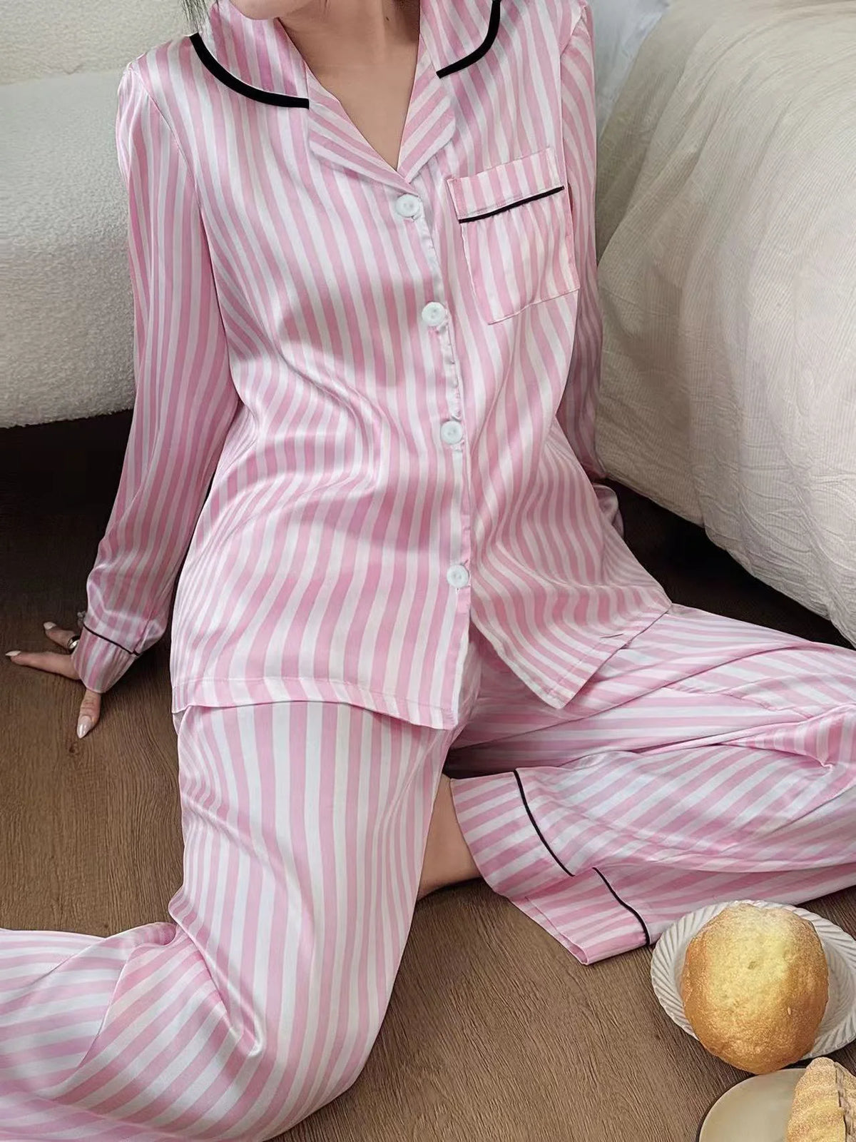Women Satin Pink Striped Print Pajama Sets Victorian Style Sleep Tops With Pants Comfortable Silk Sleepwear Loungewear 2Pcs