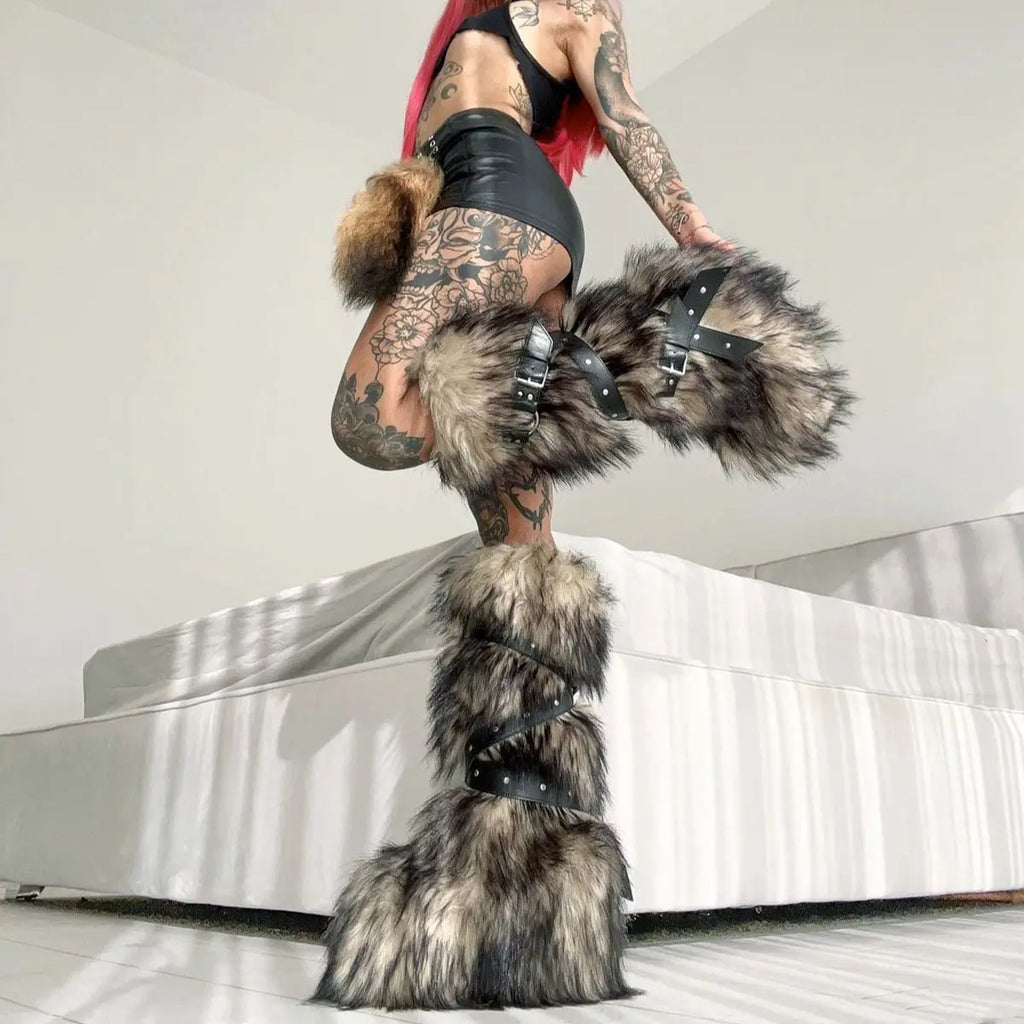 Y2K Subculture Hottie Sexy Women Knee High Boots Fur Snow Boots Punk Rivet Straps Buckle Height Increase Botas De Invierno Mujer