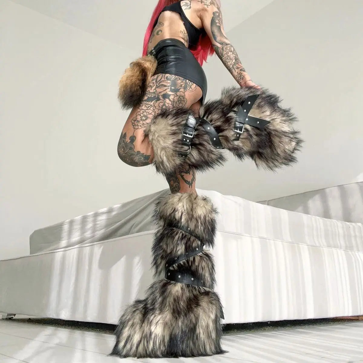 Y2K Subculture Hottie Sexy Women Knee High Boots Fur Snow Boots Punk Rivet Straps Buckle Height Increase Botas De Invierno Mujer