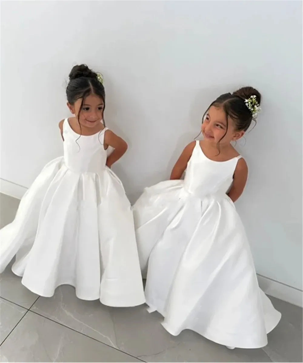 White Flower Girl Dress With Bow Strap Mini Bridal Wedding Dress Kids Ball Gown 1st Communion Frock Vestidos Customized