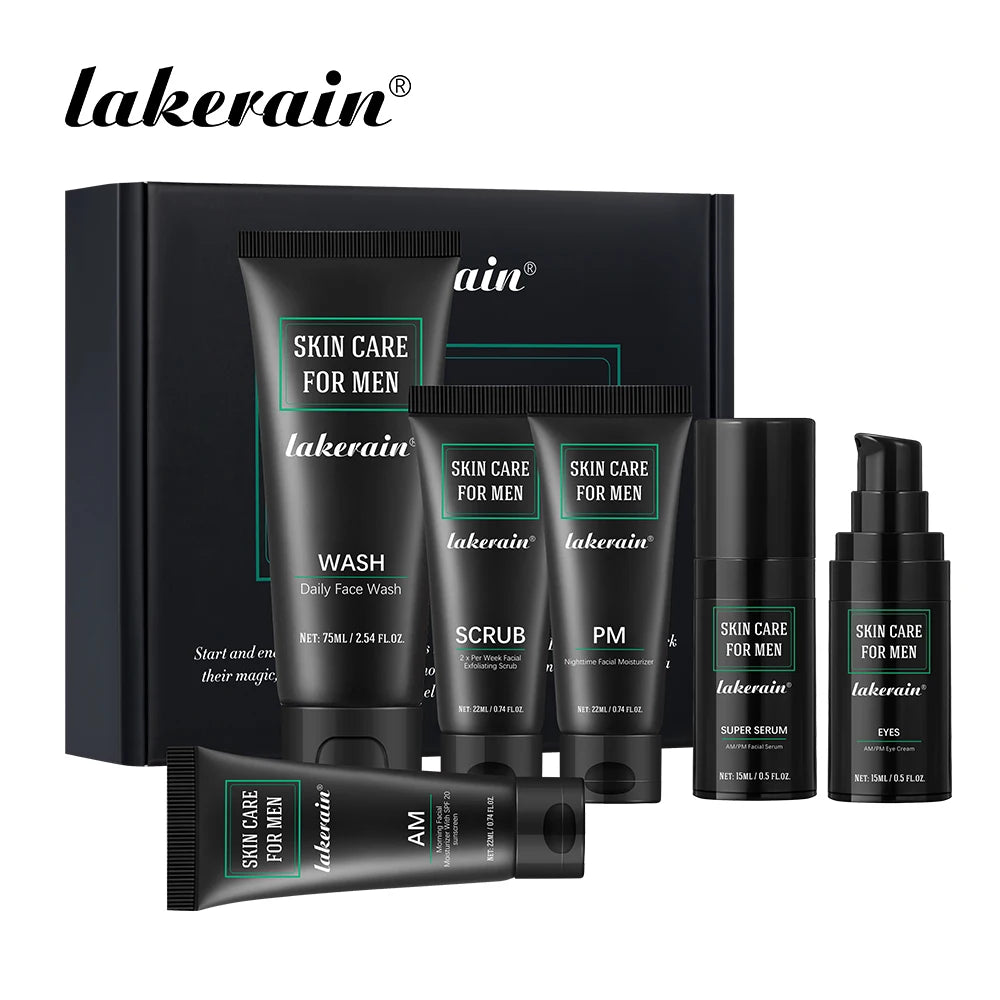 Lakerain Skin Care for Men Kit Oil Control Skin Firming Increase Hydrate Deep Cleaning Face 7 PCS Per Set Travel Skin Care Kit