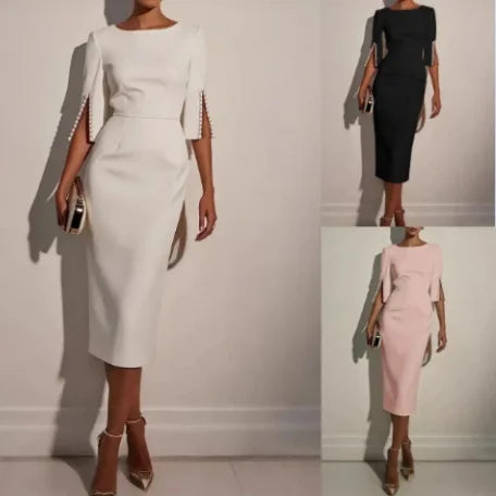 2025 Dress for Women Fashion Comfortable Office Solid Color Commuter Bead Slim and Elegant Evening Party Dress