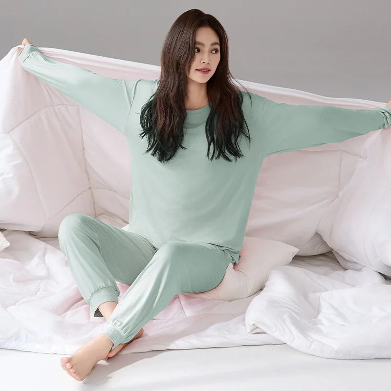 Pijama Mujer Invierno Bra Pad Lounge Sleepwear New Long Sleeve Trousers Sets Soft Modal Pajamas Women Autumn Winter Home Service