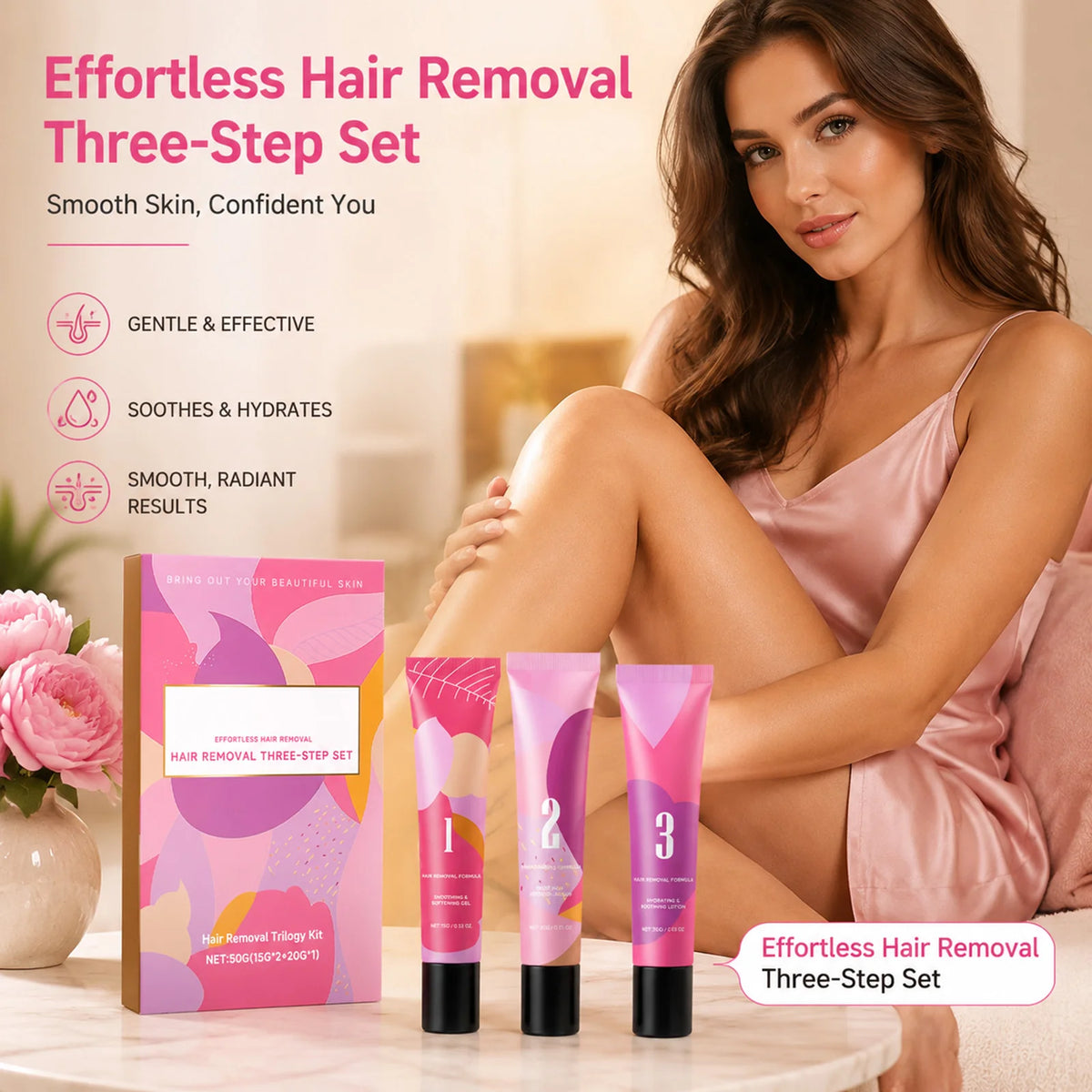 3Step Hair Removal Trilogy Kit Gentle Facial Depilatory Set Painless Hair Remover Soothing Lotion Cream With Softening Gel
