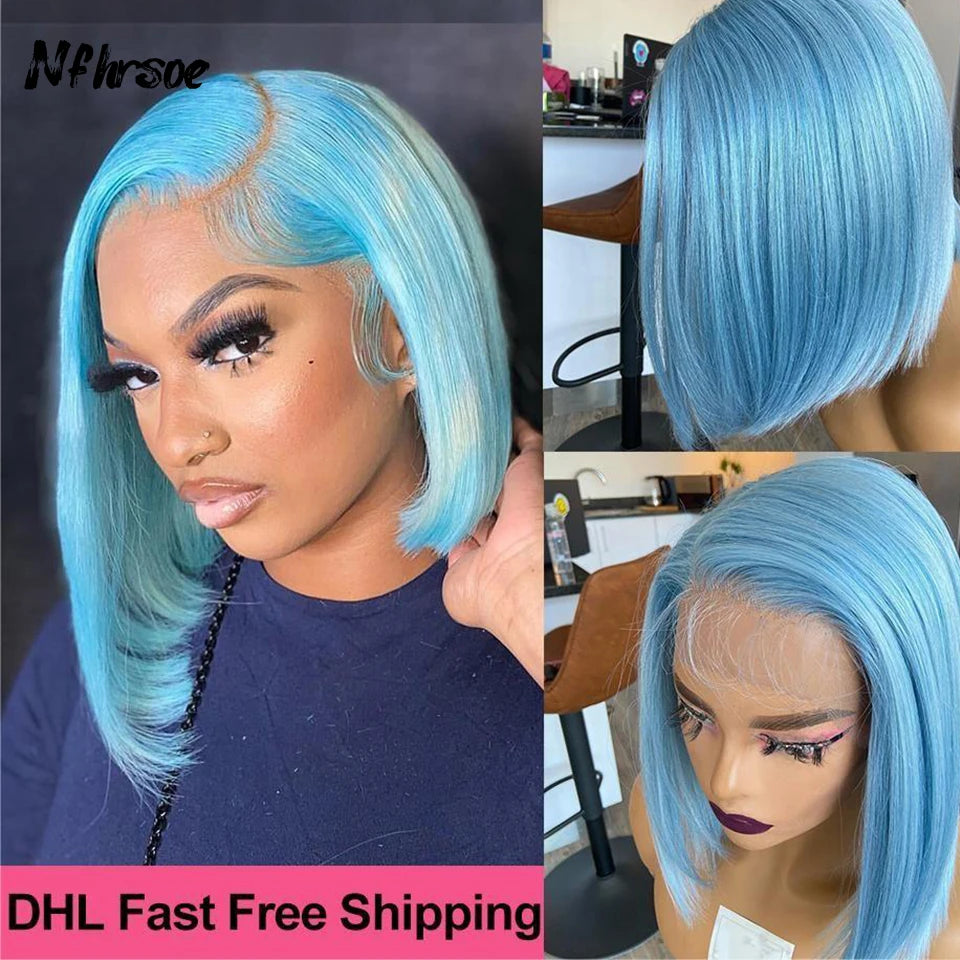 Brazilian Colored Human Hair Wig For Women Light Blue Short Straight Bob Transparent Lace Frontal Wigs For Women Pre Plucked