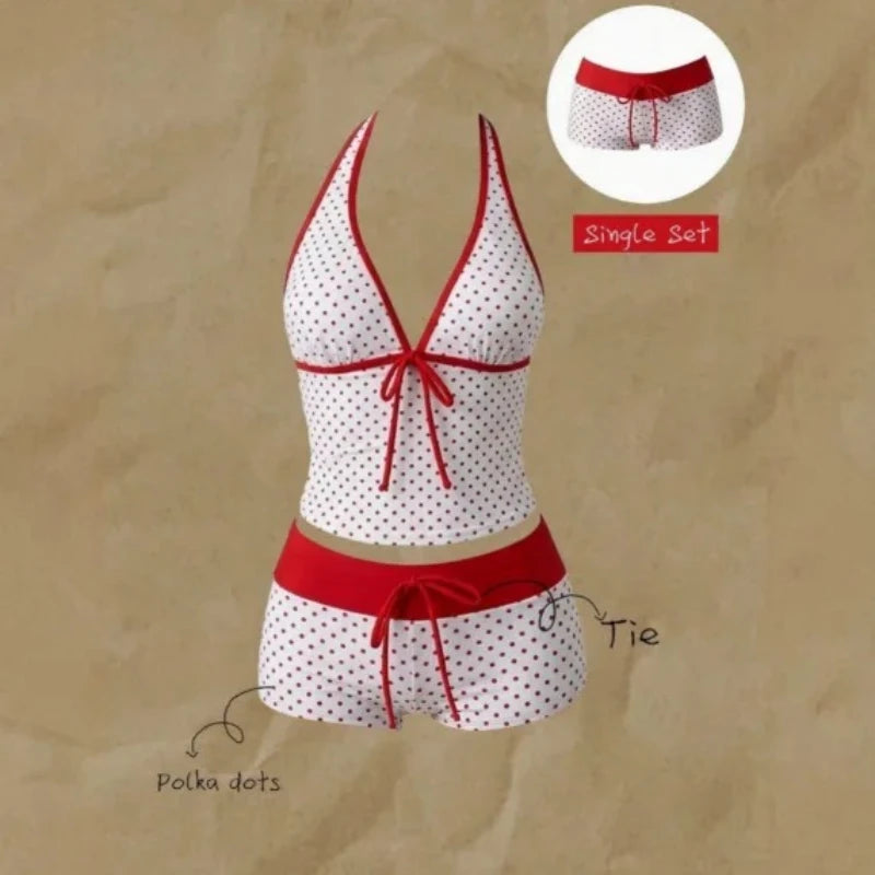 Women Beach Style Bikini Swimwears 2-Piece Tankini Suits Halter V-Neck Tie Cami Top Bodycon Contrast Waistband Swim Beachwear