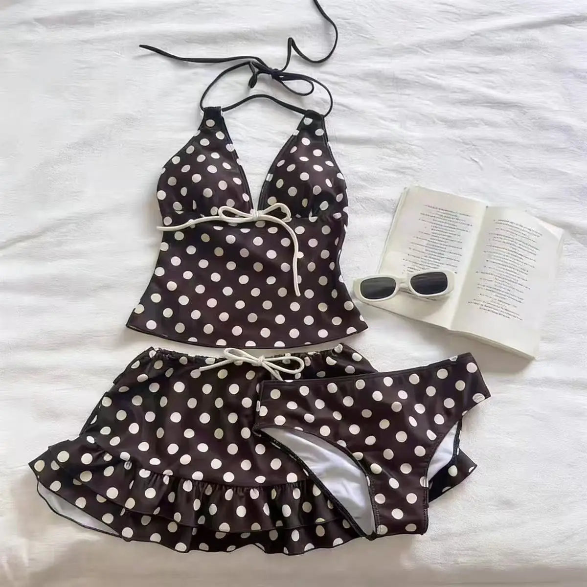 Women Beach Style Bikini Swimwears 2-Piece Tankini Suits Halter V-Neck Tie Cami Top Bodycon Contrast Waistband Swim Beachwear