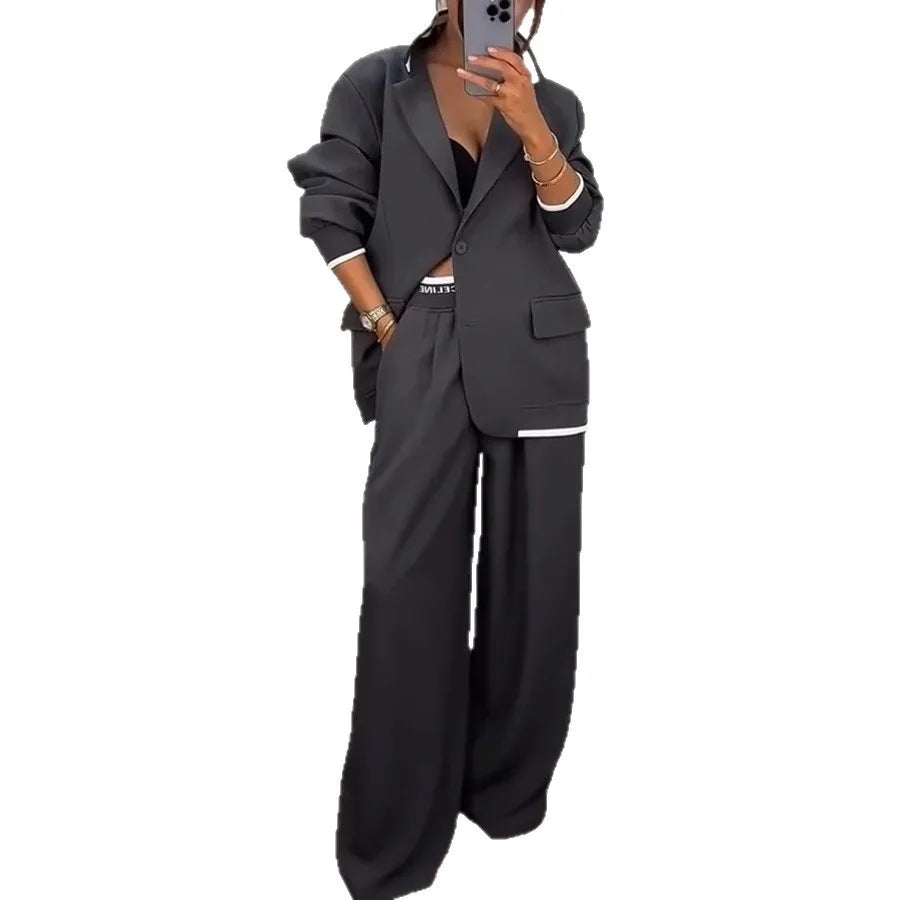 Women Suit Jacket Pants 2 Pieces Set Coat Wide Leg Trousers Outfits Single Breasted Turn Down Collar Office Lady Ensemble Autumn
