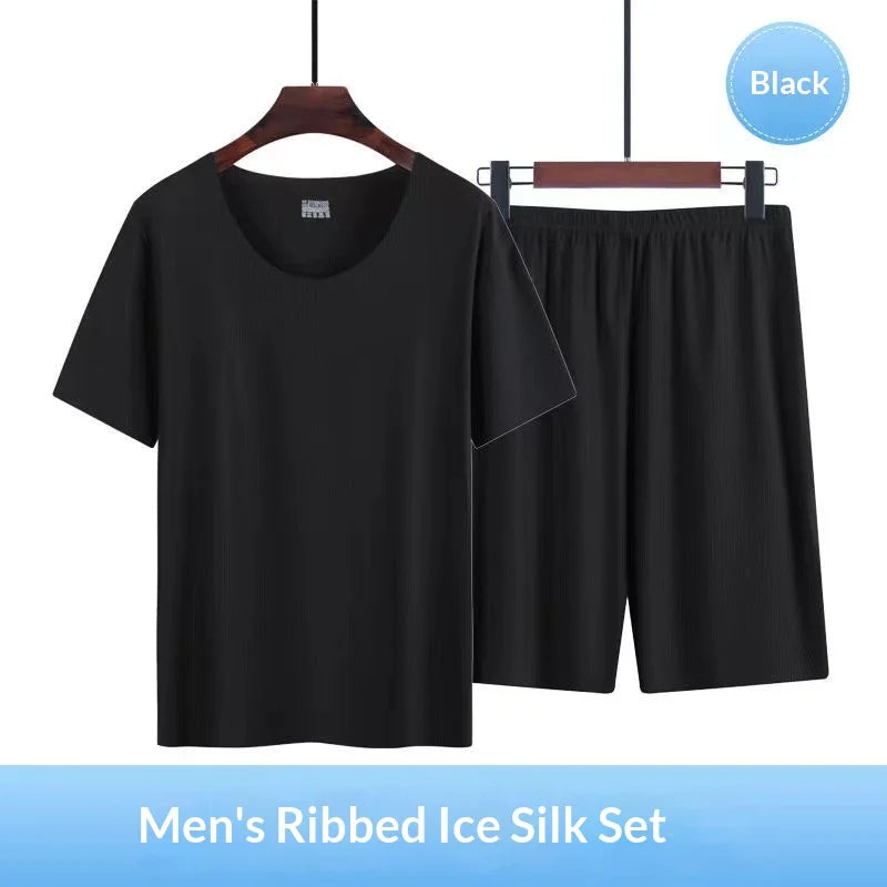 Men's Two-Piece Ice Silk Pajamas Men's Summer Thin Modal Short-Sleeved Pajamas Homewear Men's Large Size Pajamas Homewear Set
