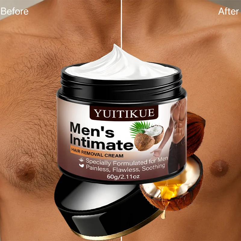 YUITIKUE Men's Intimate Hair Removal Cream 60g - Painless Depilatory for Body & Private Area, Coconut Extract Gentle on Skin