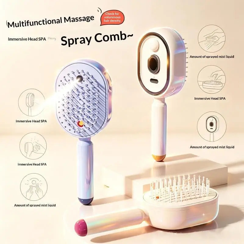 Electric Spray Hair Brush 2-In-1 Misting Hair Brush With Water Spray Reduce Frizz Anti-Static Retractable Steam Massage Comb^+~