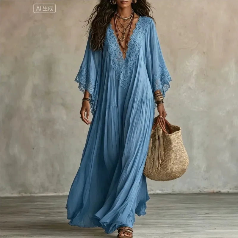 Boho Vintage Women's Summer Dress Lace Trim V Neck Flowy Maxi Dresses Women Flared Sleeve Loose Elegant Holiday Robe Vestidos